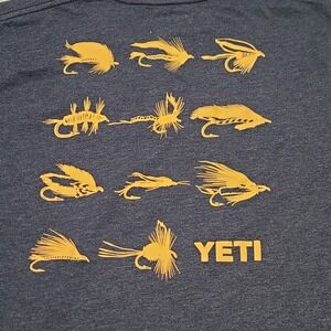 Yeti Fly Fishing Lure Graphic T-Shirt Mens Large Navy Blue Outdoor Short Sleeve